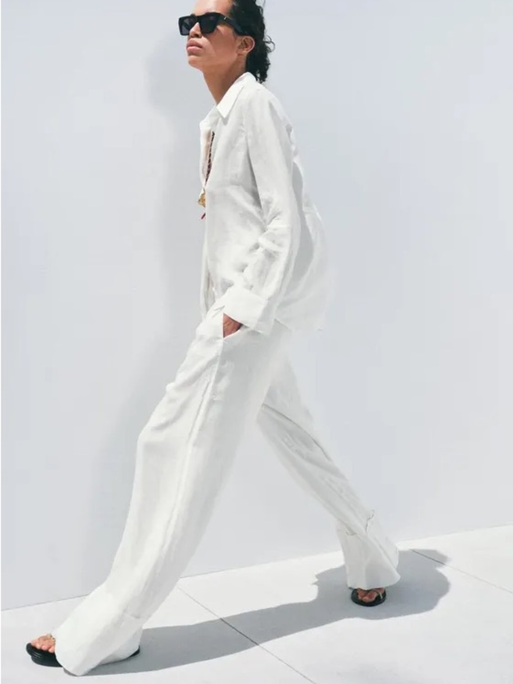 ZARA White Wide-Leg Linen Pants
